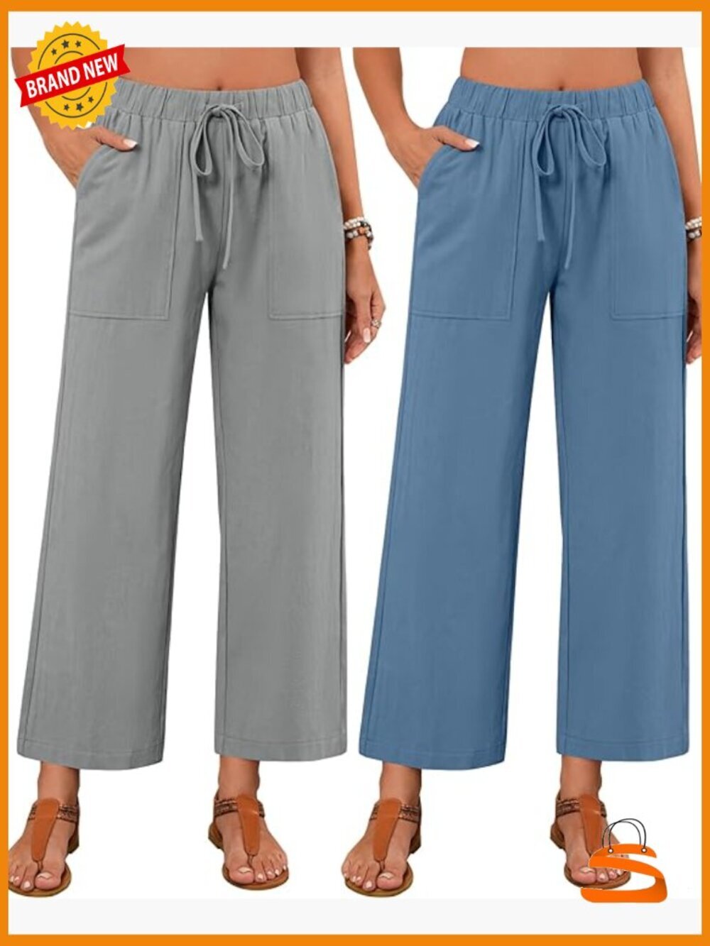 2 Pack Linen Palazzo Pants with Pockets High Waisted Wide Leg